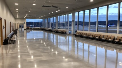 Obraz premium Spacious airport terminal with large windows and empty seating area.