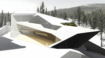 Modern architectural design, sustainable building, nestled in snowy mountain landscape.