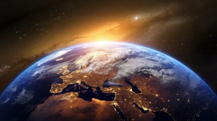 Naklejka premium A breathtaking view of Earth from space at sunrise, showcasing Europe illuminated by city lights against a backdrop of deep space.