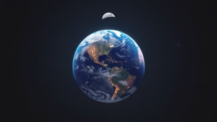 Naklejka premium A stunning view of Earth with the Moon in the background, showcasing the blue oceans and landmasses under a dark cosmic backdrop.