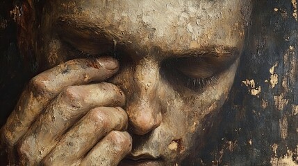 Close-up portrait of a person with textured, earthy tones, eyes closed, hand near face, conveying emotion.