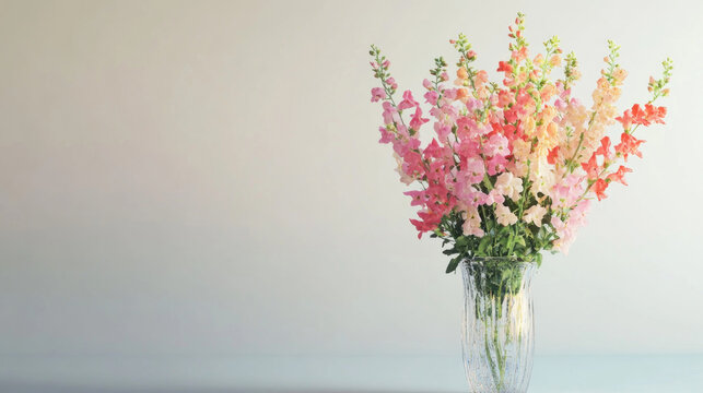 Pastel pink and orange snapdragons in a clear glass vase against a light grey background.