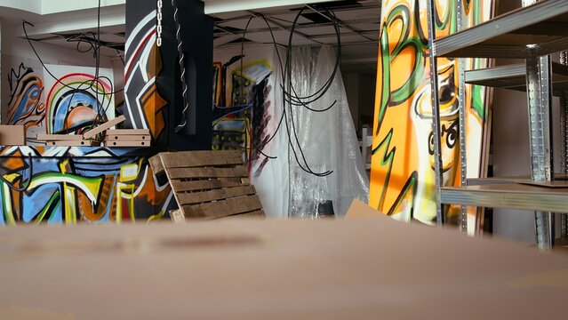 Empty building with destroyed items and graffiti paint, concept of subversive lifestyle. Criminal hideout used by teenagers to hangout and commit illegal drawing on walls