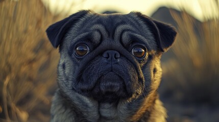 face of a pug blending into the desert mountain cliffs at sunset generative ai
