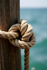 Fototapeta premium Rope coiled on a wooden beam with a secure tied knot at the top , wooden beam, coiled