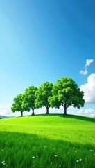 Fototapeta premium Serene meadow with a grove of trees standing sentinel against the blue sky, natural beauty, countryside