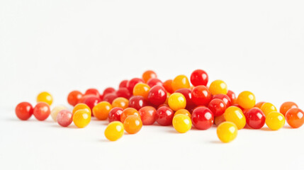 Pile of vibrant red and yellow cherry tomatoes on white background.