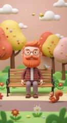Obraz premium Cheerful cartoon man on bench in vibrant autumn park with animals