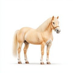Naklejka premium A beautiful, majestic Norwegian Fjord horse with a stunning cream coat, standing gracefully against a clean, white backdrop.
