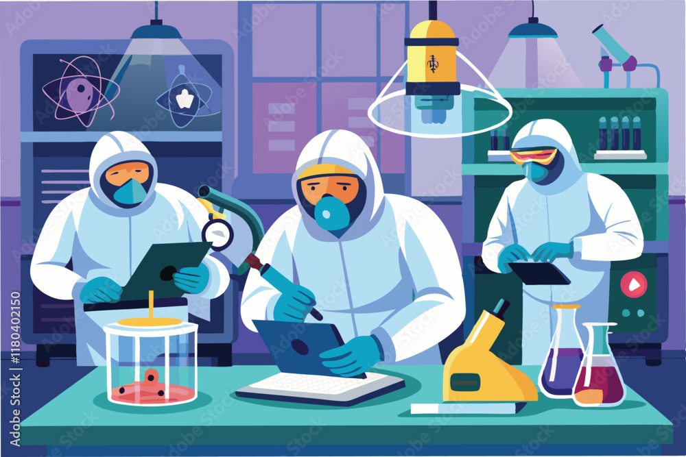 Aufkleber team of scientists in biosafety level 4 lab wearing full hazmat suits analyzing samples of the hanta