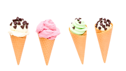 a delightful set of ice cream cones with colorful scoops perfect for dessert designs showcasing creamy and vibrant flavors ideal for summer themes and sweet treat promotions