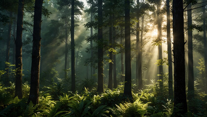 Fototapeta premium Sunbeams pierce through misty forest, illuminating ferns and tall trees.