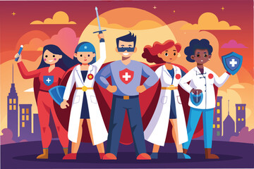 team of animated healthcare workers wearing superhero capes holding syringes and shields standing against sunset clipart vector