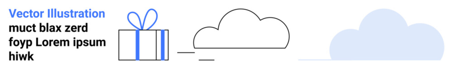Present wrapped with ribbon and bow beside two cloud shapes, one outlined and the other gradient blue. Ideal for celebrations, technology, cloud computing, data storage, holidays, online services
