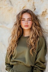 Fototapeta premium A young woman with flowing hair sports a relaxed olive green outfit, exuding a natural, carefree vibe.
