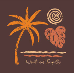 Composition art with silhouettes of coconut trees and tropical foliage. Editable design in a simple and uncluttered style.