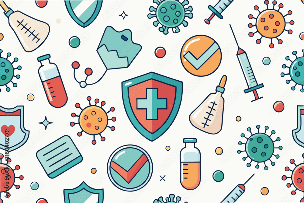 Aufkleber seamless pattern of stylized hmpv virus particles and healthcare symbols like masks syringes and shi