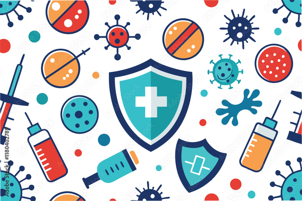 Aufkleber seamless pattern of stylized hmpv virus particles and healthcare symbols like masks syringes and shi