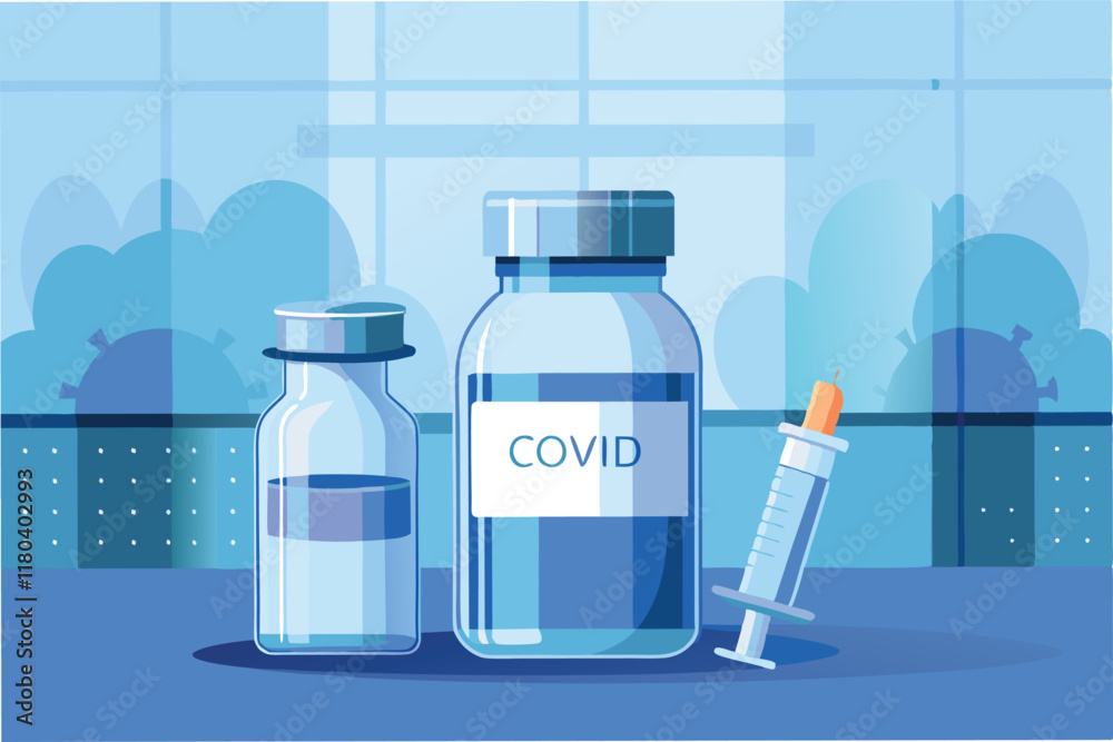 Poster realistic 3d vaccine vial with syringe placed on reflective surface, labeled 'human metapneumovirus 