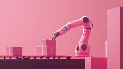Pink robotic arm placing boxes on conveyor belt.