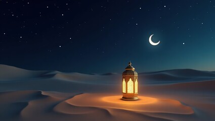 Illuminated Lantern in Desert Night Sky with Crescent Moon