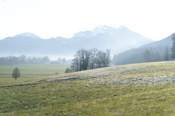Idyllic winter scene featuring frosted green fields, misty mountain peaks in the background, and scattered bare trees in the countryside.
