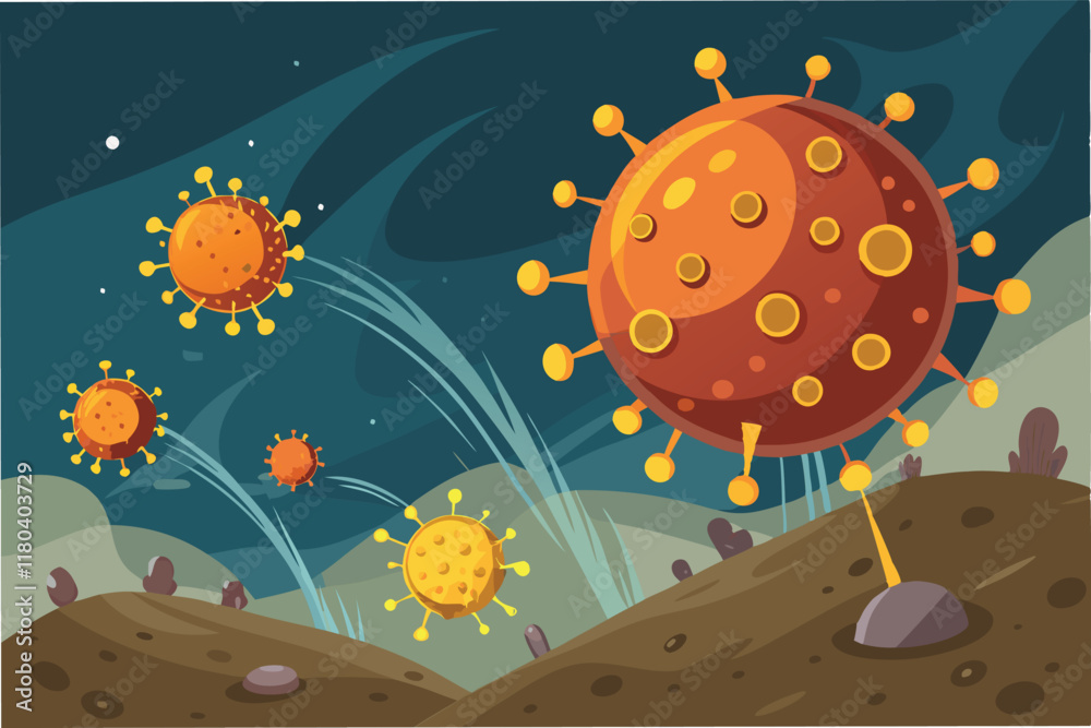 Poster An artistic representation of the Hantahmpv virus spreading through airborne particles with glowing hmpv virus shapes blending into dusty background clipart vector