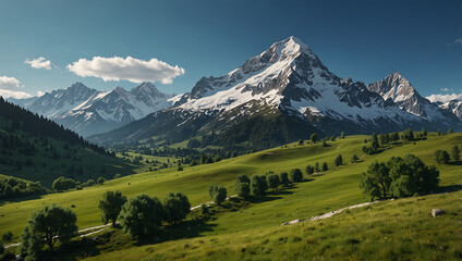 Obraz premium Majestic snow-capped mountains rise above a lush green valley, dotted with trees and winding paths.