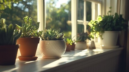 Fototapeta premium Sunlight bathes potted plants on a windowsill, creating an inviting, verdant scene in a bright, cozy corner.