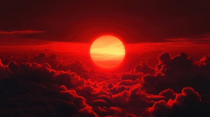 Fiery sunset above cloudscape, aerial view, red sky, dramatic lighting, background design