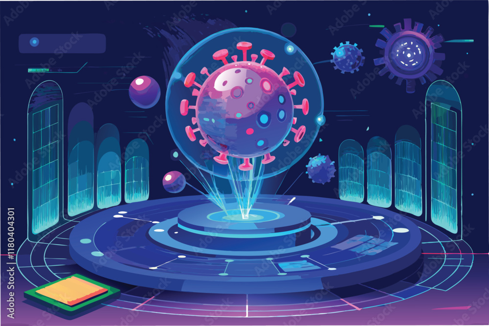 Poster holographic 3D representation of hmpv particles rotating against glowing digital dashboard filled with futuristic medical datclipart vector