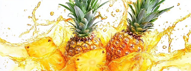 Pineapple splash fruit juice slice isolated yellow drop background drink. Fruit pineapple 3d splash liquid tropical mango paint water juicy cut fresh realistic half set ananas illustration flow wave