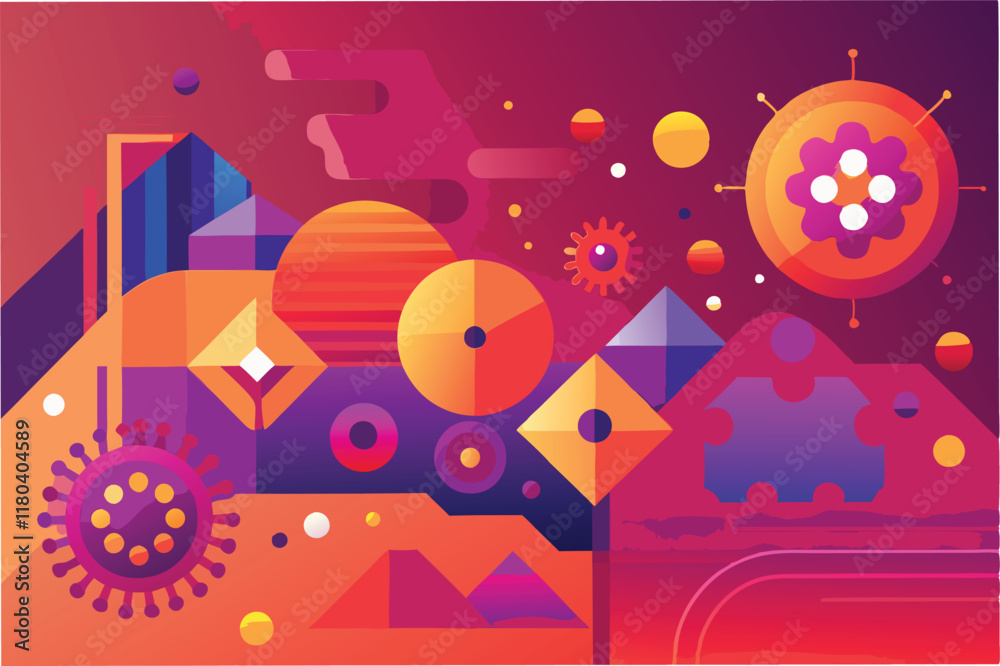 Leinwandbilder graphical abstract background with geometric shapes and layers of hmpv virus icons blended with grad