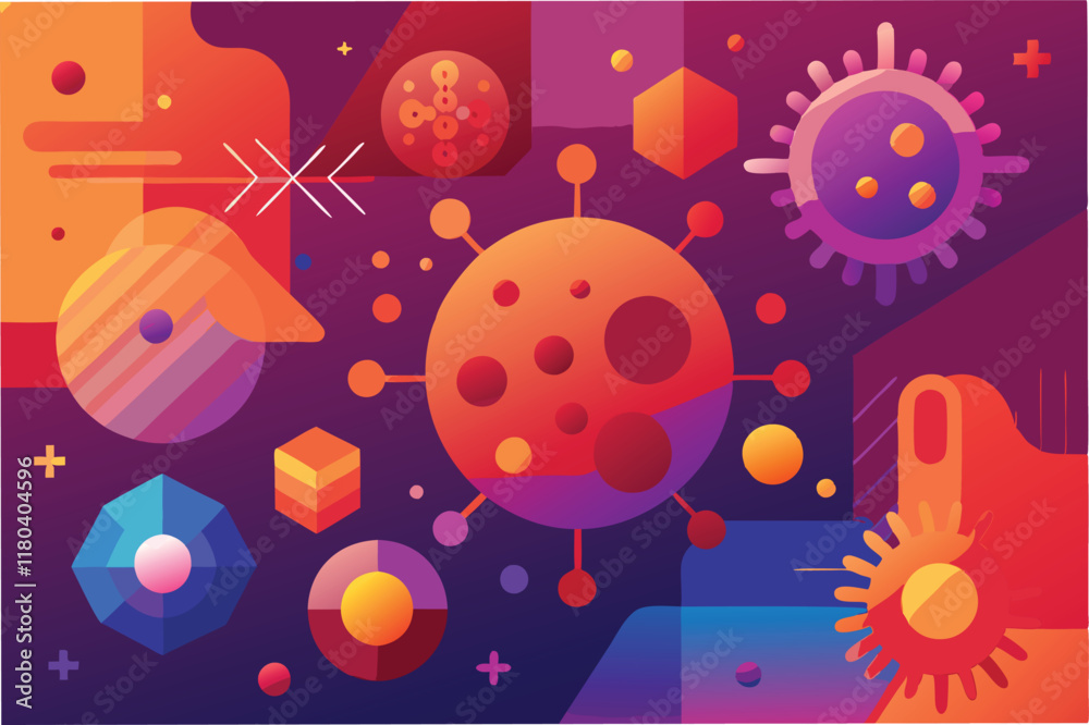 Aufkleber graphical abstract background with geometric shapes and layers of hmpv virus icons blended with gradient shades of red orange and purple clipart vector