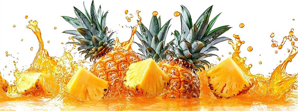Pineapple splash fruit juice slice isolated yellow drop background drink. Fruit pineapple 3d splash liquid tropical mango paint water juicy cut fresh realistic half set ananas illustration flow wave