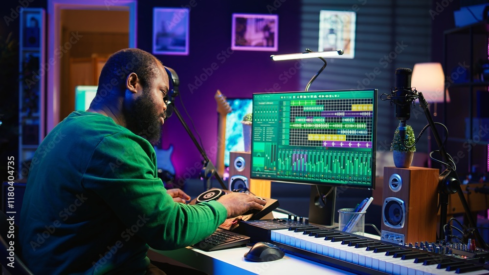 Poster Skilled male composer producing new songs on his mixing console, operating on professional gear in home studio. Artist audio engineer twisting knobs to adjust sound levels on tracks. Camera B.