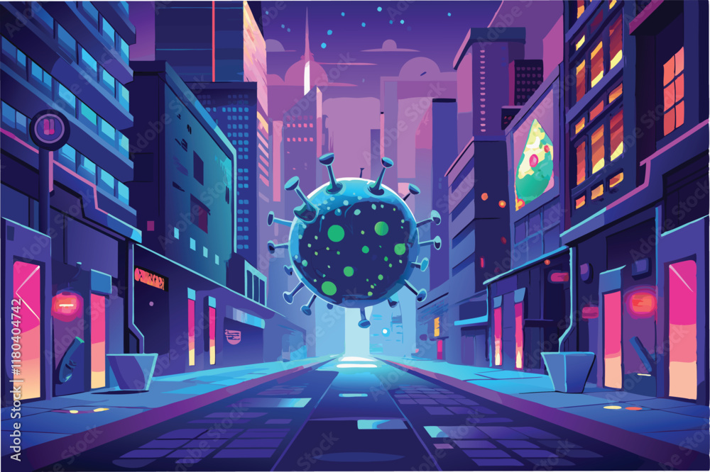 Poster glowing cyberpunk style human metapneumovirus virus hmpv hovering in neon lit city street with refle