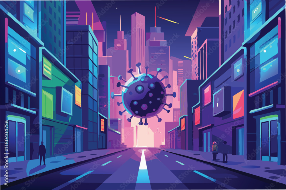 Poster glowing cyberpunk style human metapneumovirus virus hmpv hovering in neon lit city street with refle