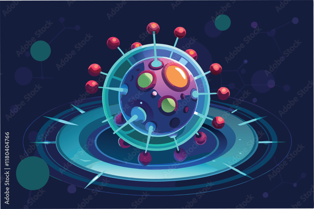 Poster glowing 3D model of the Hantahmpv virus particle rotating slowly with its surface glycoproteins highlighted in futuristic style clipart vector