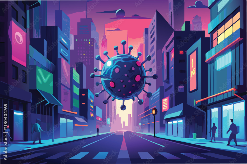 Poster glowing cyberpunk style Human metapneumovirus Virus hmpv hovering in neon lit city street with reflections and mist adding atmosphere clipart vector