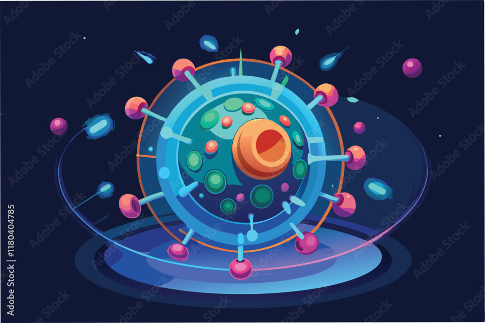 Poster glowing 3D model of the Hantahmpv virus particle rotating slowly with its surface glycoproteins highlighted in futuristic style clipart vector