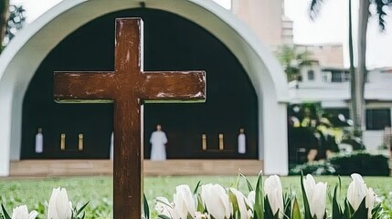 Wooden cross in garden, church background, worship, outdoor.