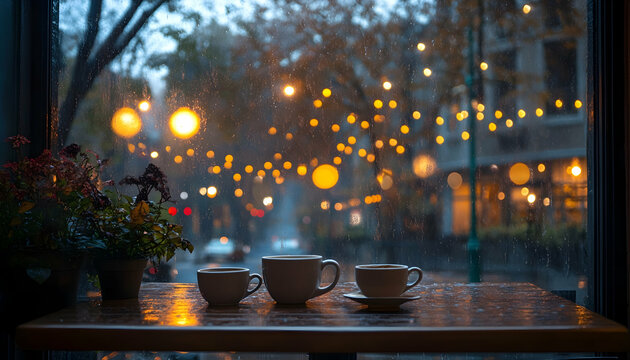 A cozy cafe with warm lighting, coffee cups on a table, view from an outside window, a rainy day outside, trees in the background, street lights hanging outside
