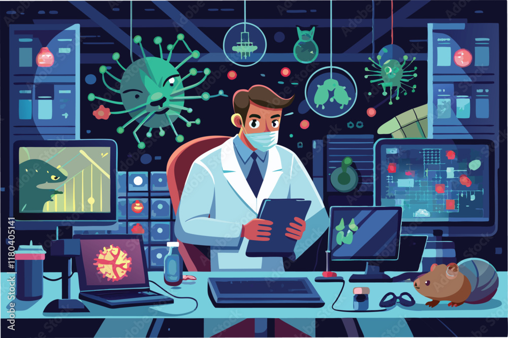 Aufkleber dramatic scene of scientist working late in lab surrounded by screens displaying the structure of th