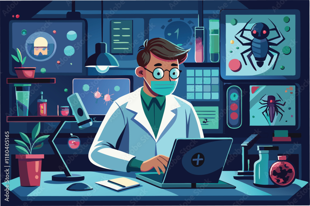 Poster dramatic scene of scientist working late in lab surrounded by screens displaying the structure of the Hantahmpv virus clipart vector