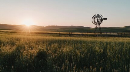 A lone windmill stands in a serene field during a stunning sunset, symbolizing rustic simplicity.