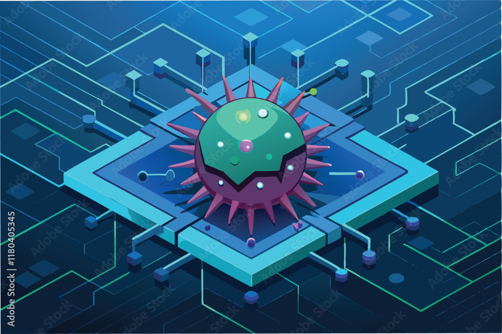 Fototapete digital representation of the hmpv virus with sharp spiky details floating over dark circuit like su