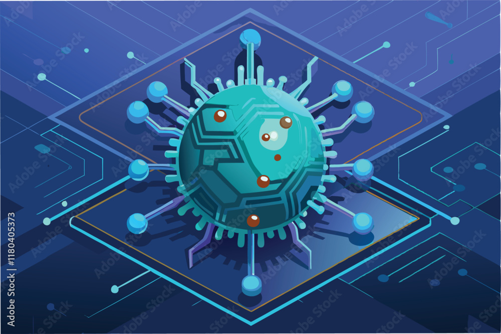 Fototapete digital representation of the hmpv virus with sharp spiky details floating over dark circuit like su