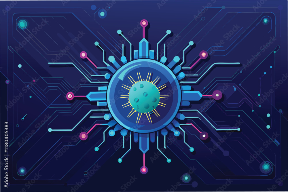 Leinwandbilder digital representation of the hmpv virus with sharp spiky details floating over dark circuit like surface with faint neon blue accents clipart vector