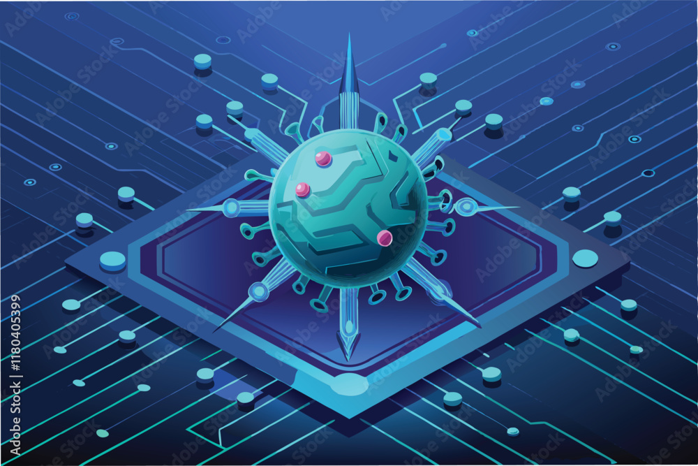 Fototapete digital representation of the hmpv virus with sharp spiky details floating over dark circuit like su
